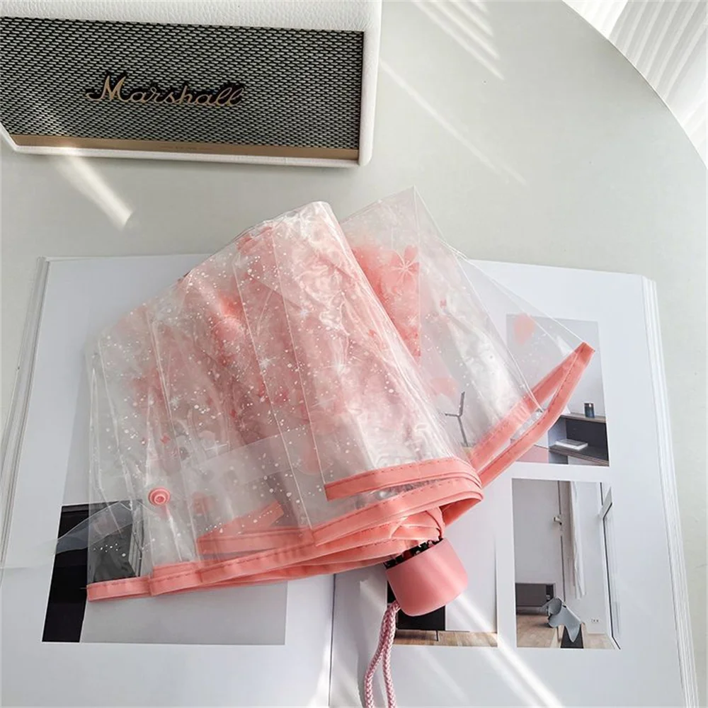 Korean Mini Trifold Cherry Blossom Transparent Umbrella For Women Accessories