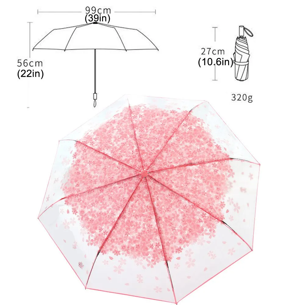 Korean Mini Trifold Cherry Blossom Transparent Umbrella For Women Accessories