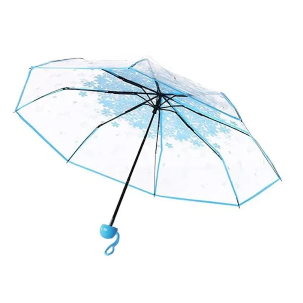 Korean Mini Trifold Cherry Blossom Transparent Umbrella For Women Accessories