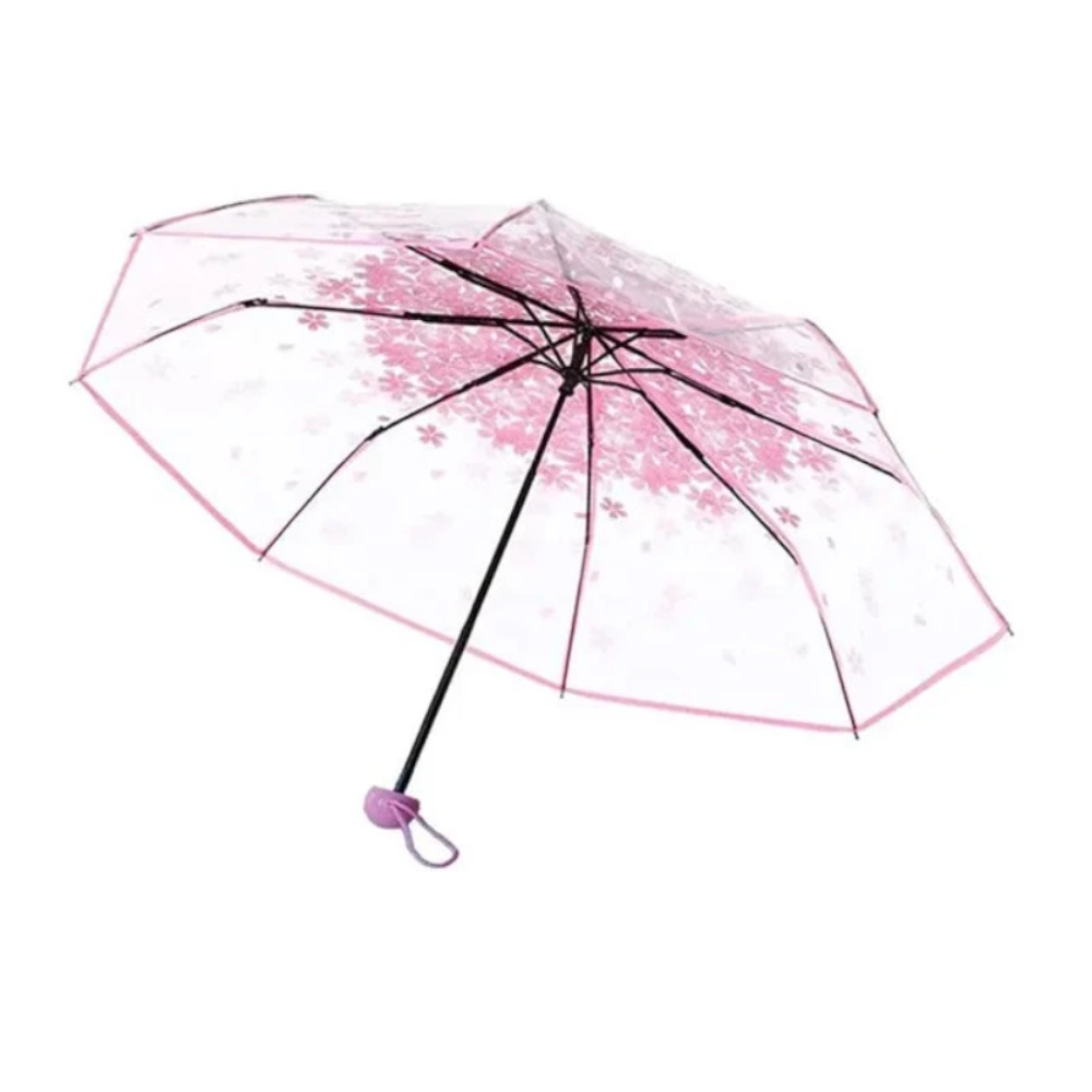 Korean Mini Trifold Cherry Blossom Transparent Umbrella For Women Accessories