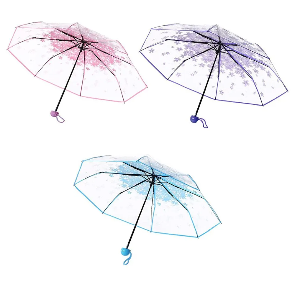 Korean Mini Trifold Cherry Blossom Transparent Umbrella For Women Accessories