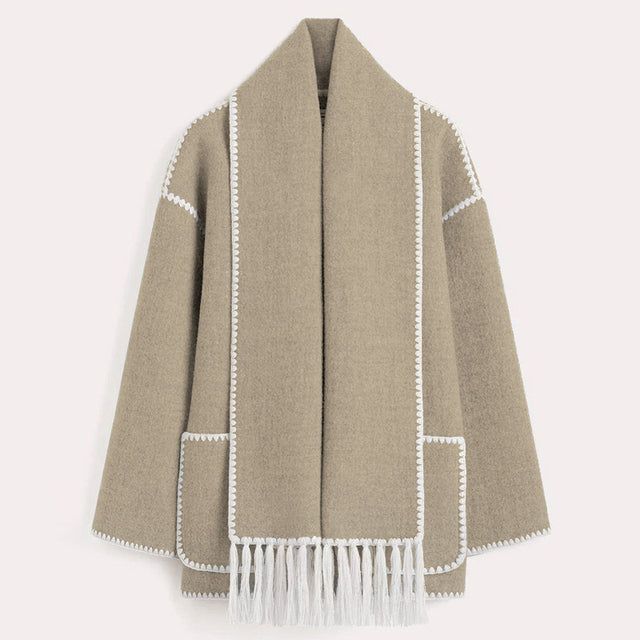 Ladies' Winter Coat with Scarf - Celeste-Khaki-S-Nora Luxe