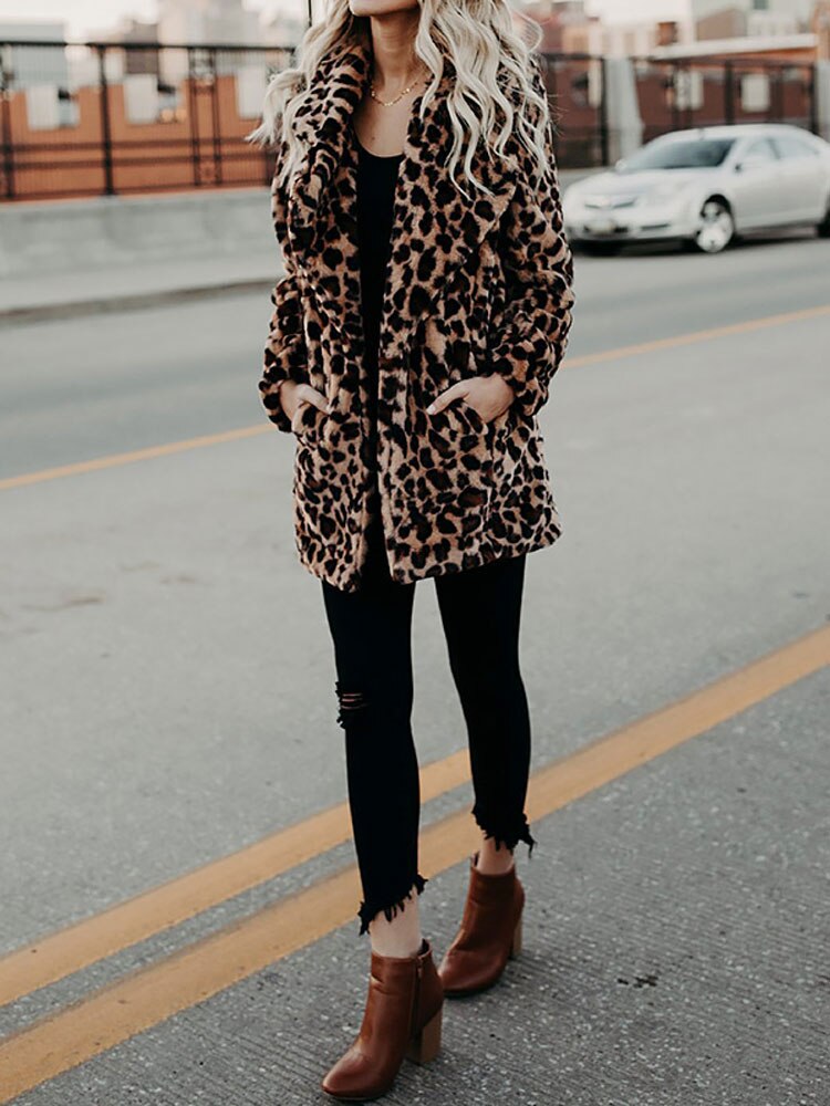Fresia Veste Hiver Femme – Motif Léopard, Col Oversize & Doublure Chaude