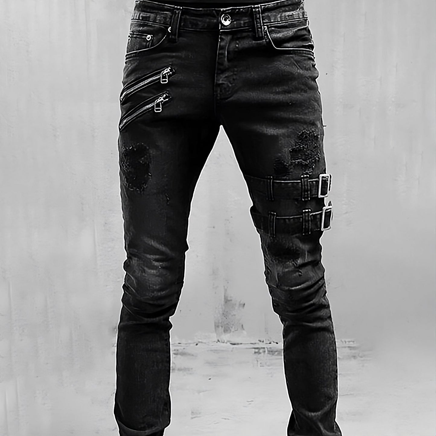 Axel - Distressed Skinny Jeans met ritsaccenten en vet gespriempje