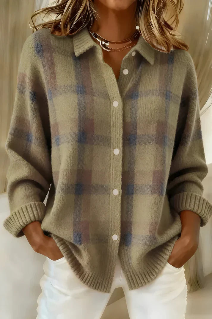 Women’s Plaid Cotton Knit Cardigan – Elegant Long Button-Front Sweater