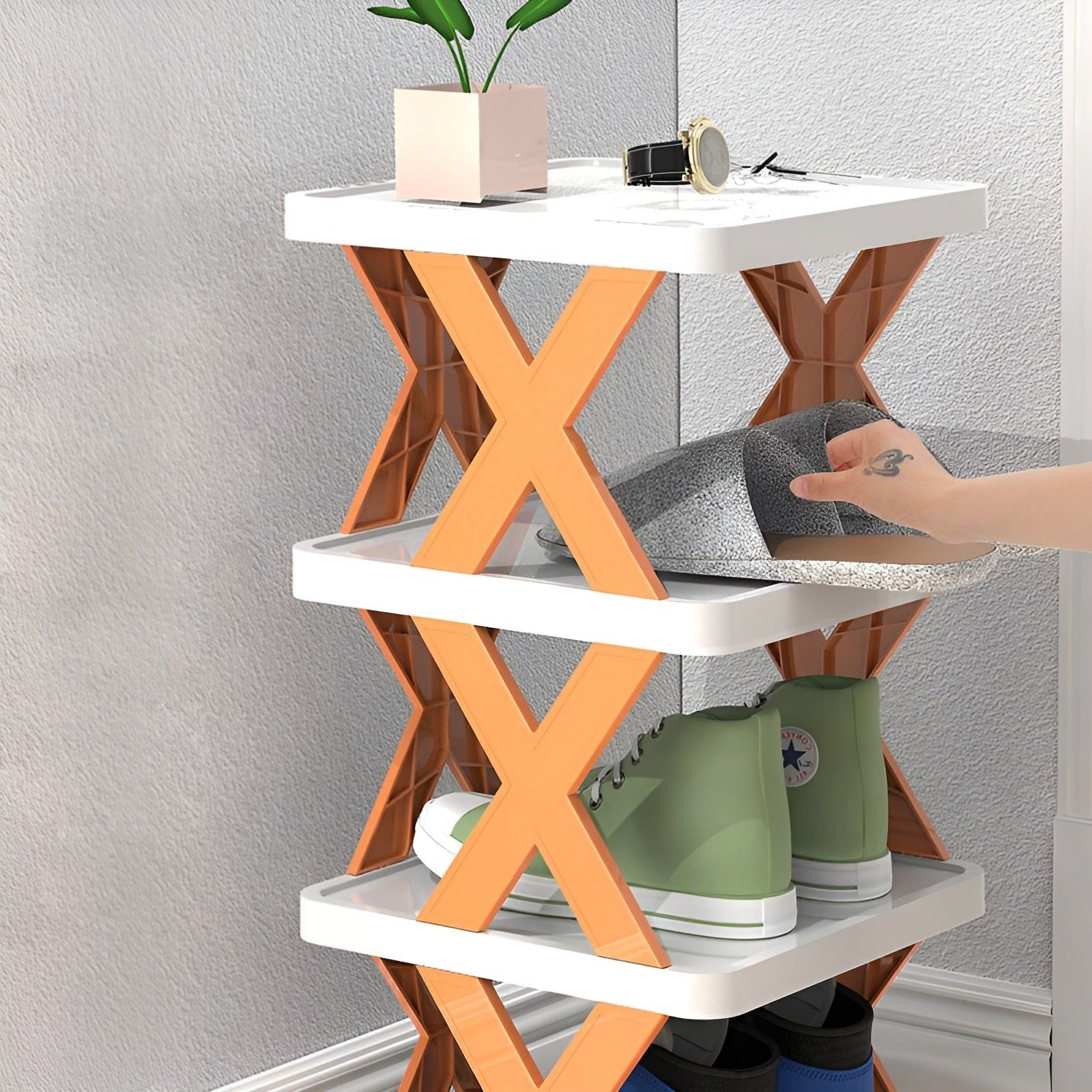 Multifunctional and Foldable Shoe Rack - SpaceSaver-Orange-3-State of Style