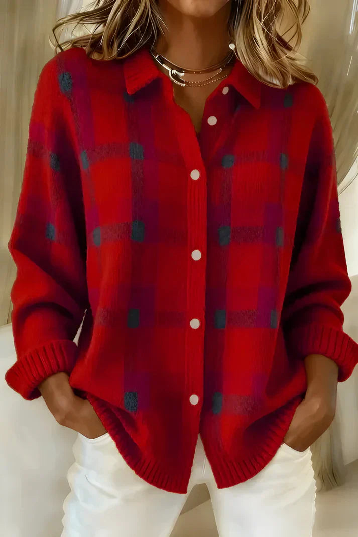 Women’s Plaid Cotton Knit Cardigan – Elegant Long Button-Front Sweater