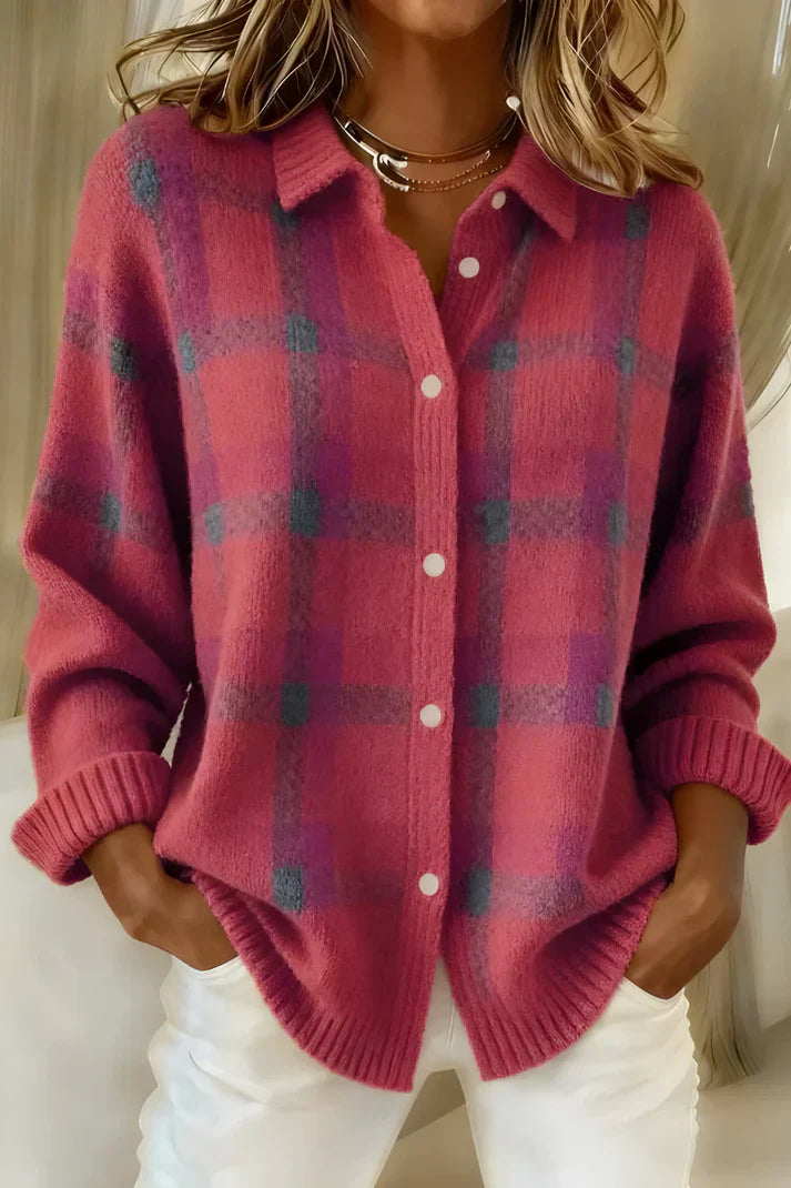 Women’s Plaid Cotton Knit Cardigan – Elegant Long Button-Front Sweater