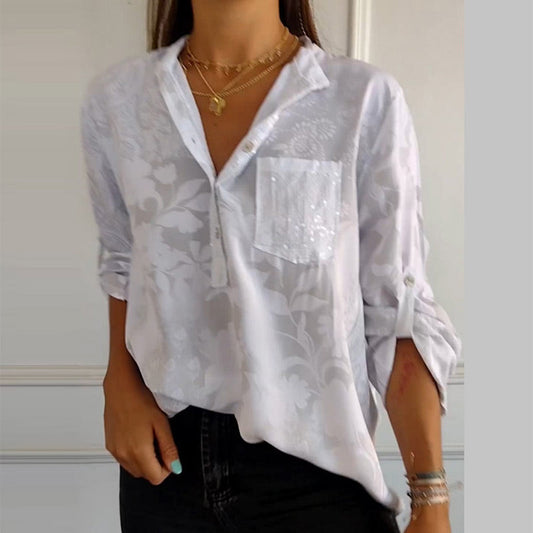 Natalie – Chemisier boutonné tendance avec manches retroussables et poche avant