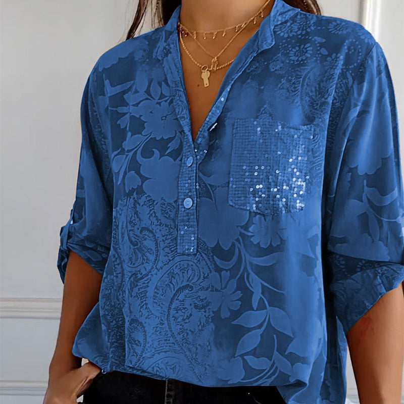 Natalie – Chemisier boutonné tendance avec manches retroussables et poche avant
