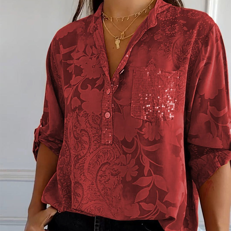 Natalie – Chemisier boutonné tendance avec manches retroussables et poche avant