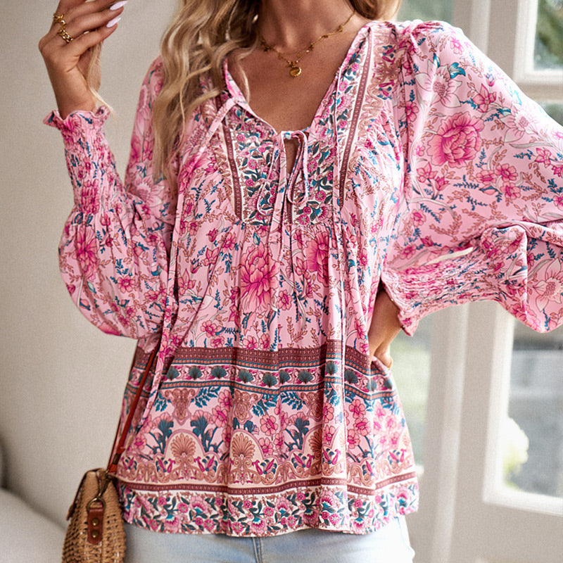 Betha | Trykt langærmet T-shirt med V-hals