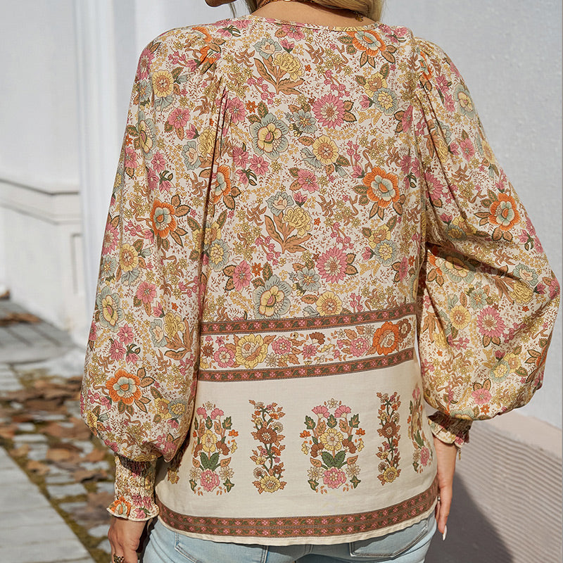 Betha | Trykt langærmet T-shirt med V-hals