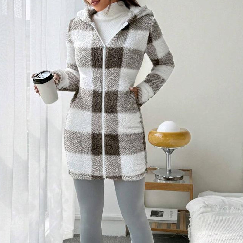 Doralisse™- Veste Longue à Carreaux avec Capuche