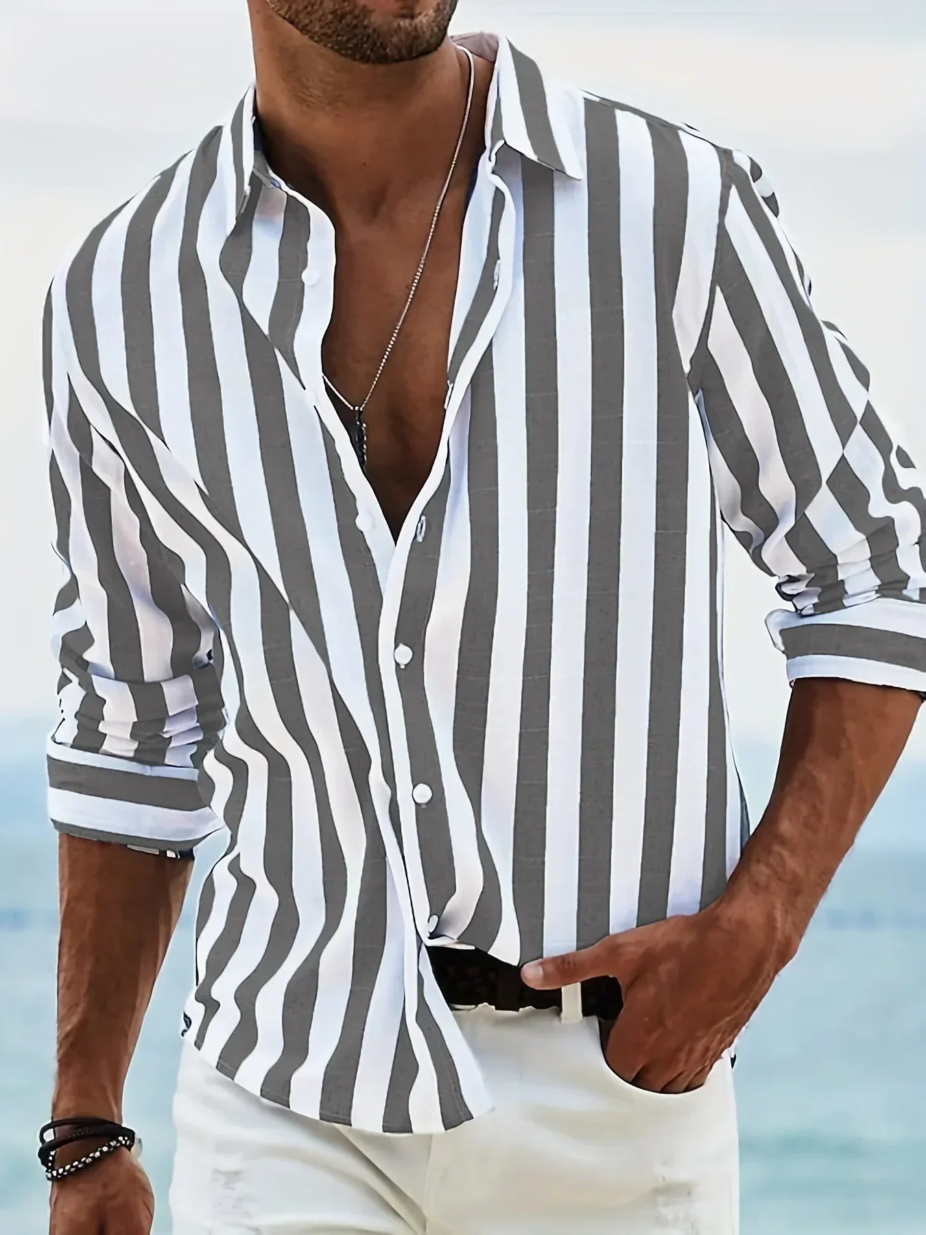 Striped summer shirt made of cotton and linen for men - Moritz-Dark gray-S-Nora Luxe