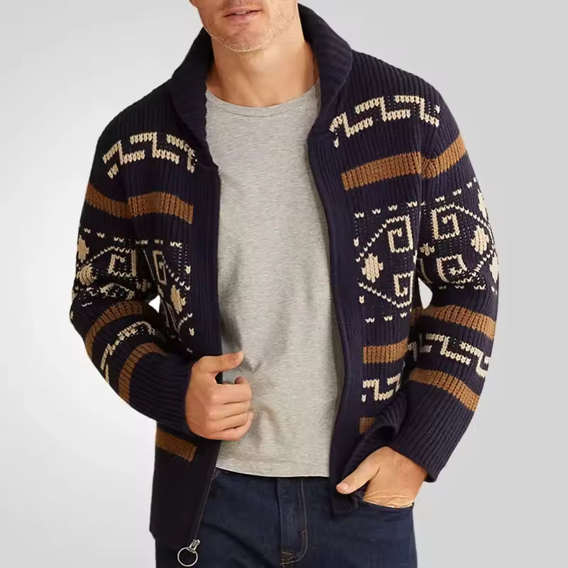 Toby | Knit - Regular Fit – Zip Front – Patterned Sleeves – Shawl Collar