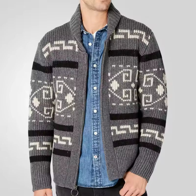 Toby | Knit - Regular Fit – Zip Front – Patterned Sleeves – Shawl Collar