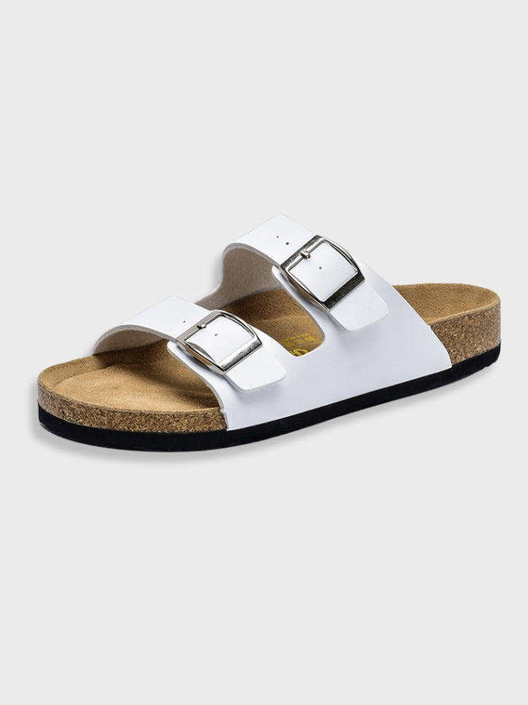 Hvid sandal med to justerbare remme og korksål, komfortabel fodtøj til sommerbrug. Ideel til afslappet stil og daglig komfort.